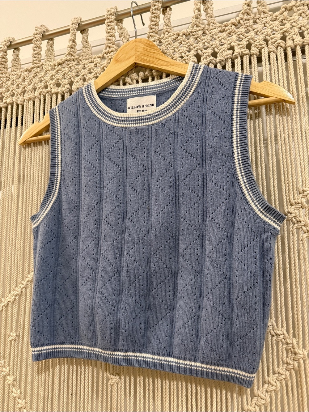 Willow & Wind Blue Knit Sleeveless Sweater Vest with Cream Trim - Picture 6 of 6